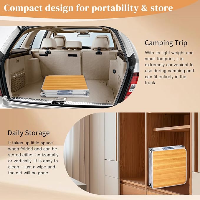6 Ft Folding Portable Camping Table, Tri-fold Outdoor Picnic Table, Outdoor Camping Kitchen, BBQ, Picnic, Cooking, Beach, Garden, Party (Wood Color)
