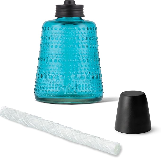 TIKI Carnival Glass Tabletop Torches, 3-Pack – Decorative Outdoor Tabletop TIKI Torches for Patio, Backyard & Garden – Portable Glass Flame Torches for Outdoor Lighting, Blue, Green & Purple, 6-Inch
