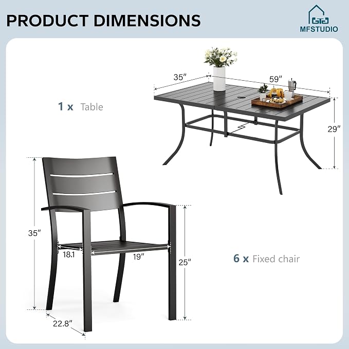 MFSTUDIO Patio Table and Chairs Set of 6, Metal Outdoor Dining Set with Umbrella Hole, 7 Piece Wrought Iron Patio Furniture Dining Set for Deck Backyard Garden