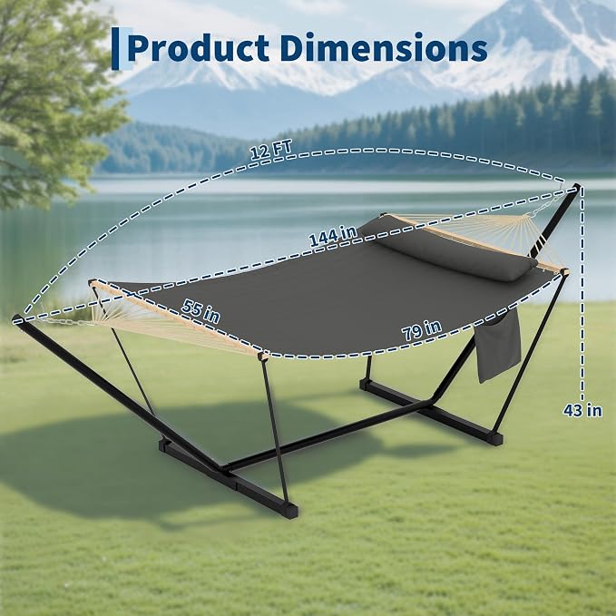 Double Hammock with Stand, 2 Person Heavy Duty Outdoor Hammock with 12FT Stand, Adjustable Steel Frame, Detachable Pillow, Carry Bag Included, 450lbs Capacity, Indoor Outdoor Swing Bed– Dark Gray