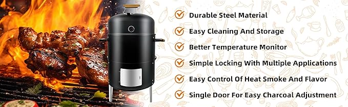 17" BBQ Smoker Grill Built in Thermometer Air Vent and adding charcoal door Multi-Layer heavy duty Meat Smoker Grill
