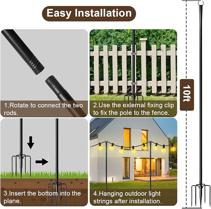 MuliVid 2 Pack 10FT Lighting Hanging Pole for Outside, Waterproof Hardened Metal Outdoor String Light Poles for Patio, Garden, Bistro, Wedding, Parties