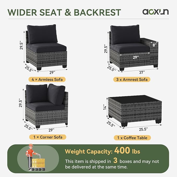 Aoxun Patio Furniture Set, 9 Pcs Outdoor Patio Furniture Sets with 4 in Thicken Cushion, Widen Armrests Wicker Outdoor Sectional for Backyard (Waterproof Cover Include)