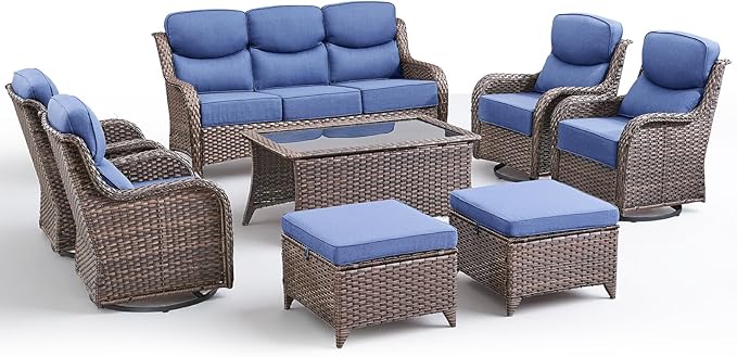 Luxury 8 Pieces Outdoor Patio Furniture Set-All Weather Wicker Swivel Rocker Patio Chairs with 6" Thick Cushion Rattan Sofa Coffee Table, Outdoor Conversation for Garden Porch Backyard(Brown/Blue)