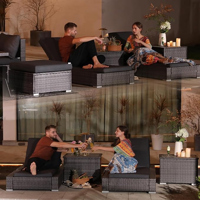 NICESOUL 20 Piece Extra Large Patio Furniture Set w/Fire Pit Table & Chaise Lounge, Modern Luxury Outdoor Group Seating w/Firepit, Comfortable 29.3" High-Back Sectional Couch Deep Seat, Dark Gray