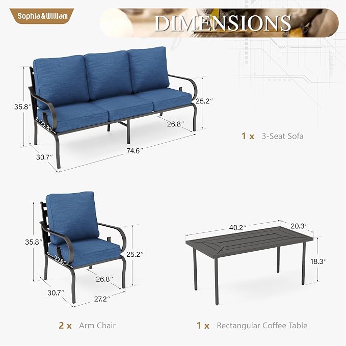 Sophia & William Patio Conversation Set for 5, 3-Seater Sofa, 2 Fixed Chairs and a Coffee Table, Metal Outdoor Furniture with 5.75" Extra Thick Cushions, Navy