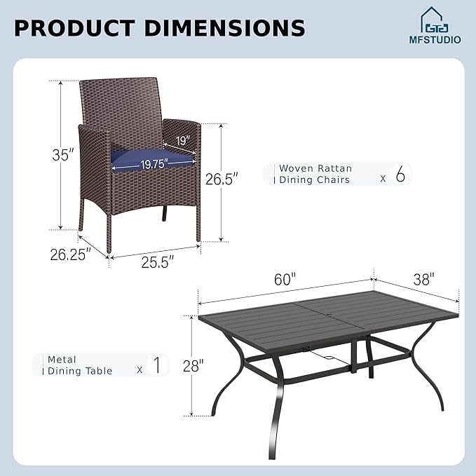 MFSTUDIO 7 Pieces Outdoor Dining Sets for 6, Patio Table and Chairs, Outdoor Rectangular Metal Table with Chairs, Wicker Patio Dining Furniture, Deck, Porch