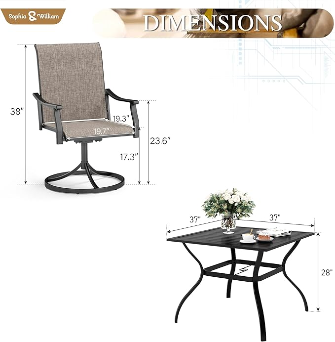 Sophia & William 5-Piece Outdoor Patio Dining Set, 4 x Patio Dining Swivel Chairs with 37" Outdoor Square Table, All-Weather for Lawn, Park, and Courtyard