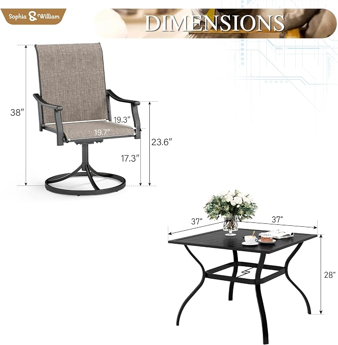 Sophia & William 5-Piece Outdoor Patio Dining Set, 4 x Patio Dining Swivel Chairs with 37" Outdoor Square Table, All-Weather for Lawn, Park, and Courtyard