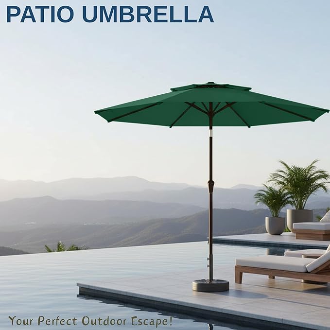 9ft 2-Tiers Patio Umbrella,Outdoor Market Table Umbrella with Push-Button Tilt & Crank | UV Protection,Suit for Backyard,Garden,Pool,Deck(Dark Green)