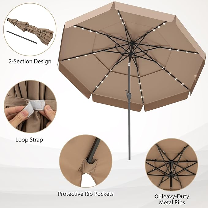 Tangkula 10 FT Solar LED Patio Umbrella, 3-Tiers Scalloped Outdoor Table Market Umbrella with 32 LED Lights, Tilt Adjustment, Crank, 8 Sturdy Ribs for Pool, Deck, Backyard (Tan)