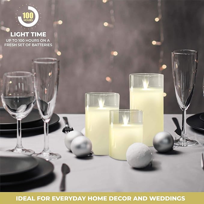 LumaBase Battery Operated Glass Hurricane LED Candles with Flickering Flame - Set of 3