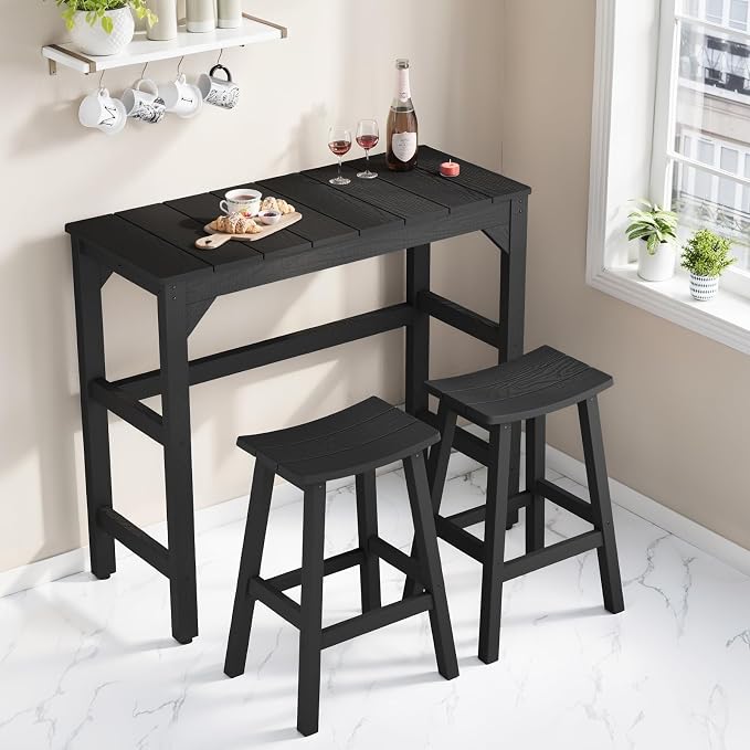 Stoog 3-Pieces Patio Bar Set, All-Weather HIPS Outdoor Bar Stools Set of 2, Counter Height Bar Table with Waterproof Top, Never Fade or Rot, Black