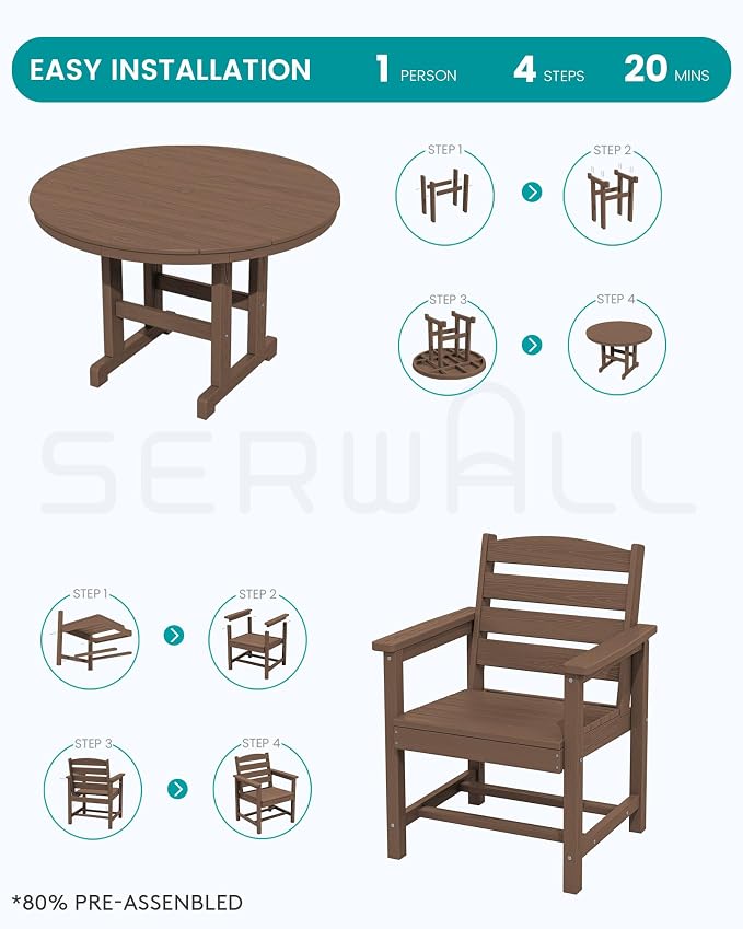 SERWALL 6-Piece Patio Dining Sets, HDPE Outdoor Table and Chairs Furniture Set with Umbrella, 45" Round Dining Table & 4 Dining Chairs & 1 9FT Umbrella, Brown(Not Include Umbrella Base)