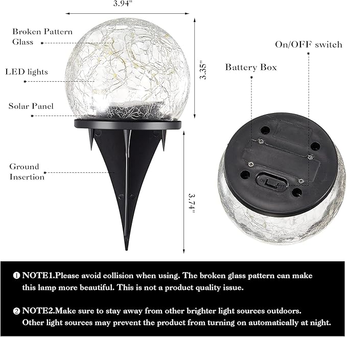 Honoson 3.9 Inch Solar Globe Lights Outdoor - Waterproof Cracked Glass Balls for Lawn Patio Yard Backyard Decorations, Warm White Solar LED Lights with Easy Installation,Durable Design (12 Pcs)