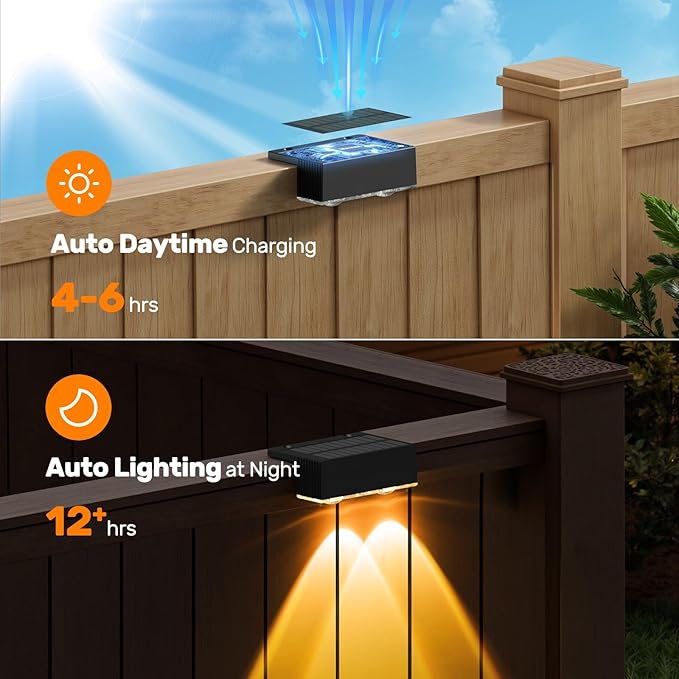 NIORSUN 12 Pack Solar Fence Lights, LED Outdoor Lights, Warm White + RGB, IP45 Waterproof, Black
