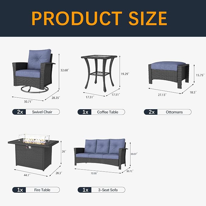 7 Pieces Outdoor Patio Furniture Set with Fire Pit Table, Wicker Patio Sectional Set Conversation Wicker Swivel Chairs with Small Side Table