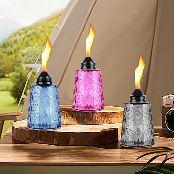 4-Pack Glass Table Top Torches - 12oz Refillable Citronella Torches Canisters for Outdoor, Includes Wick & Cap, Decorative Lanterns for Patio, Garden, Yard, Party, Landscape(Blue)