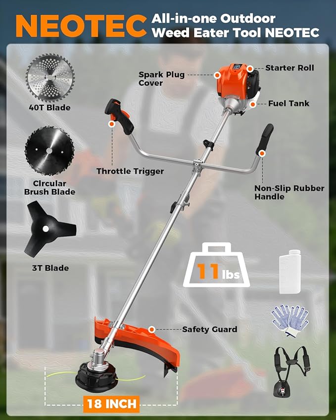 NEO-TEC 35cc 4-Cycle Gas String Trimmer 4-in-1 Heavy Duty Gas Weed Eater, 1.5HP Weed Wacker 9"Brush Cutter Powerful 16"Grass Trimmer with Shoulder Strap,Lightweight Stable Weed Trimmer for Tough Yards