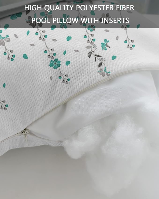 Outdoor Pillows Covers with Inserts Flower Teal Grey Cherry Blossoms White Waterproof Pillow with Adjustable Strap Throw Pillows for Patio Furniture Recliner Lounge Chair, 11x16 inch, 1PCS