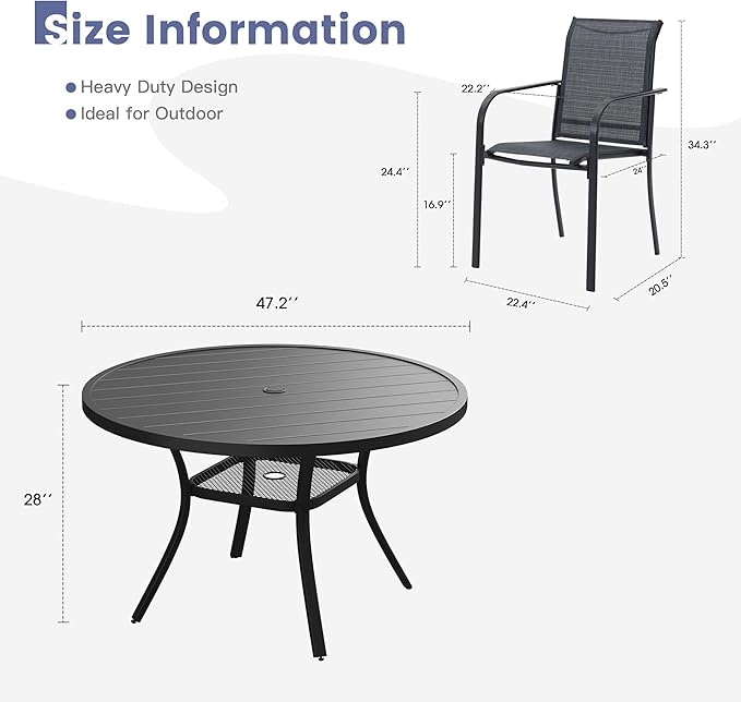 VICLLAX Round Outdoor Dining Set, Patio Table and Chairs Set Set of 6 Patio Stackable Chairs and 47" Outdoor Round Table with Umbrella Hole for Backyard Lawn Garden, Dark Grey Chairs and Black Table