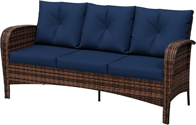 73" Patio 3-seat Sofa, Wicker Rattan Couch, Steel Frame Deep Seat Loveseat, Outdoor Conversation Furniture with Removable Cushions for Garden, Yard, Porch (Navy Blue)