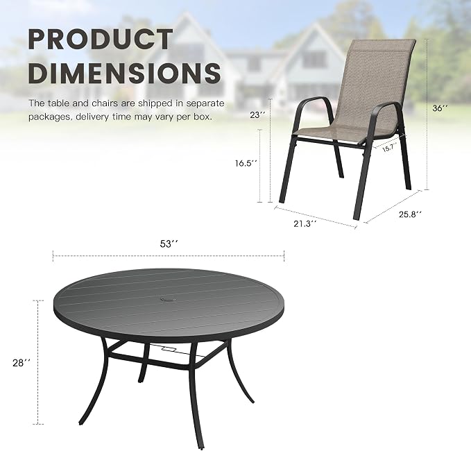 9 Pieces Outdoor Dining Set, 53" Round Table with Umbrella Hole & Stackable Patio Dining Chairs, Patio Table and Chairs Set for Deck Garden Porch, Brown Chairs & Black Table