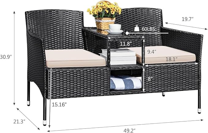 2 Seat Rattan Patio Conversation Set Beige Modern Outdoor Patio Loveseat with Built in Coffee Table for Garden Lawn Backyard