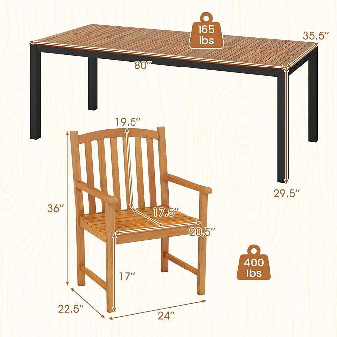 Tangkula 9 Piece Outdoor Wood Dining Set, Patio Rectangular Table with Umbrella Hole and 8 Solid Acacia Armchairs, for Porch, Garden, Backyard, Balcony