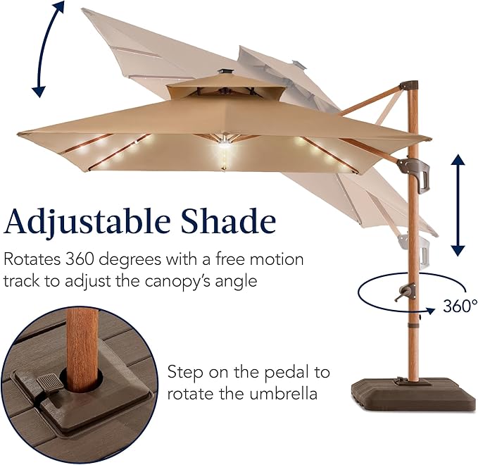 Best Choice Products 10ft Square Cantilever Patio Umbrella w/Base Included, Woodgrain Pattern Pole & Solar LED Lights, 360-Rotation, Offset Hanging Outdoor Shade