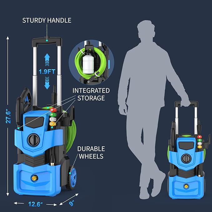 Adjustable ๐๐ซ๐๐ฌ๐ฌ๐ฎ๐ซ๐ ๐๐๐ฌ๐ก๐๐ซ ๐๐๐๐๐๐๐ with 33FT Pipe, 4 Nozzles, 500ml Soap Bottle, Best for Cars, Patios, Fency, Garden Cleaning, Deep Blue