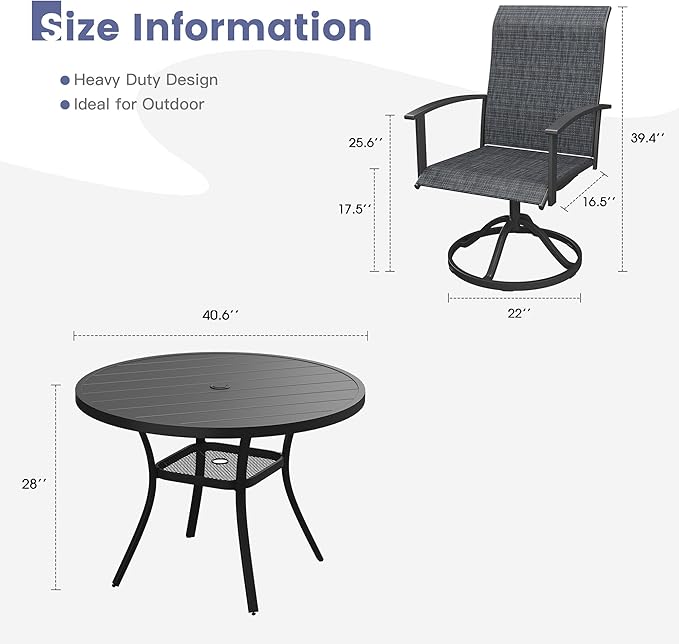 VICLLAX Outdoor Table and Chairs Set for 4, Patio Dining Set of 40.7" Metal Round Patio Table with Umbrella Hole & 4 Swivel Outdoor Dining Chairs for Backyard Lawn, Charcoal & Black
