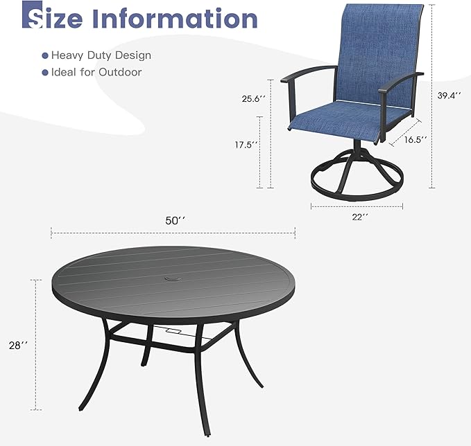 VICLLAX Outdoor Table and Chairs Set for 6, Patio Dining Set of 50 Metal Round Patio Table with Umbrella Hole & 6 Swivel Outdoor Dining Chairs for Backyard Lawn, Dark Blue & Black