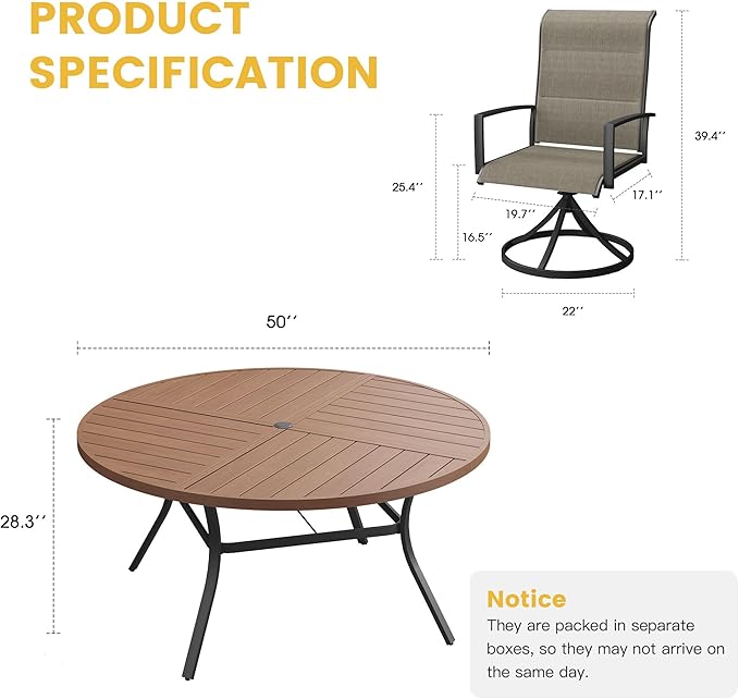VICLLAX Patio Dining Set for 6, 6 Seats Outdoor Furniture Includes 50.1" Round Patio Table and Swivel Padded Chairs, Walnut Tabletop and Mixed Brown Fabric