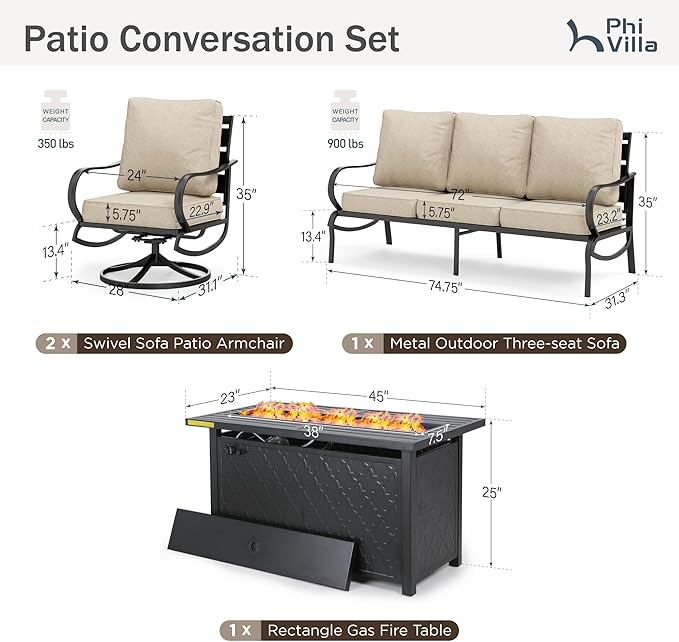 PHI VILLA 4 PCS Patio Furniture with FirePit Table, Outdoor Furniture Set with 1 x 45“ Metal Firepit Table, 1 x 3 Seater Cushioned Deep Seating Bench & 2 x Swivel Sofa Chairs