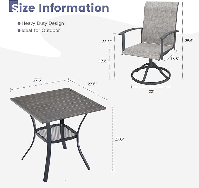 VICLLAX Outdoor Table and Chairs Set for 2, Small Patio Dining Set with 27.5" Metal Square Patio Table & 2 Swivel Outdoor Dining Chairs for Backyard Lawn Porch Garden, Grey & Antique Grey