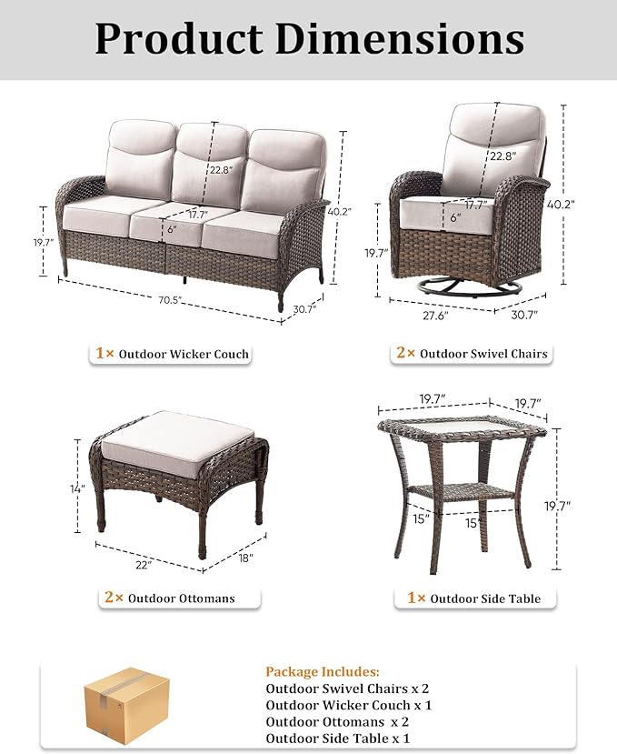 6-Piece Luxury Patio Furniture Set with 6-Inch Thick Cushions, High-Back Outdoor Swivel Rocker Chairs and Table, All-Weather Conversation Set for Porch, Deck, Balcony or Backyard – Beige