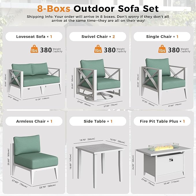Aluminum 7-Seats Outdoor Patio Furniture Set with 43" Fire Pit Table, Sectional Conversation Sofa with 5.2" Thick Cushions & Swivel Rocking Chairs, Rust-Resistant Frame Sofa for Backyard, White