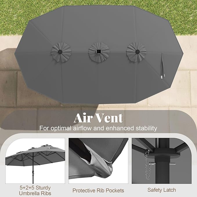 Tangkula 15FT Double-Sided Solar Patio Umbrella, Extra-Large Outdoor Twin Umbrella with 48 LED Lights, Vented Top, Crank Handle, 12 Ribs, Weighted Base Included for Backyard Poolside Deck (Gray)
