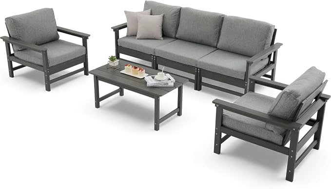 HDPE Outdoor Patio Furniture Set, 6-Piece Sofa Set with 3-Seat Couch, 2 Armchairs & Coffee Table, Weatherproof Conversation Set with Cushions, All-Weather Waterproof, for Garden, Porch & Backyard