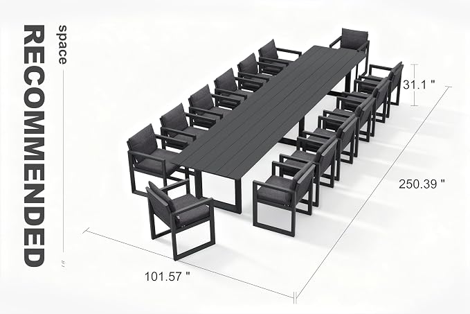 PURPLE LEAF Outdoor Dining Set for 14 Aluminum Extra Long Patio Furniture Table and Chairs Set with All Weather Thick Cushion Rectangular Patio Dining Sets for Huge Backyard Garden Poolside, Grey