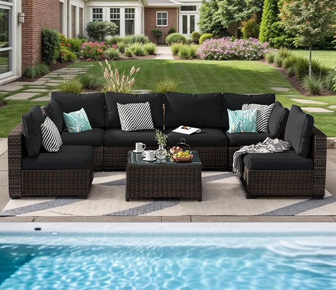 11 Piece Patio Furniture Set All Weather PE Rattan Outdoor Sectional Sofa Couch with No-Slip Cushions and Glass Top Table for Garden, Poolside, Backyard (Black)