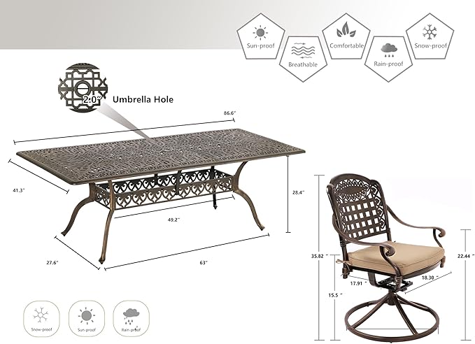 Grepatio 9 Piece Cast Aluminum Patio Furniture Set Outdoor Dining Set Bistro Furniture Set with 8 Swivel Chairs and Dining Table with Umbrella Hole, Cushions for Backyard Garden Poolside (Grid Khaki)