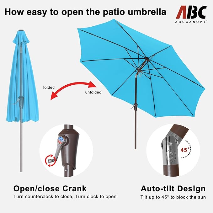 ABCCANOPY 10FT Patio Umbrella, Outdoor Windproof Table Umbrella with Push Button Tilt and Crank for Garden, Lawn, Deck & Backyard (Turquoise)