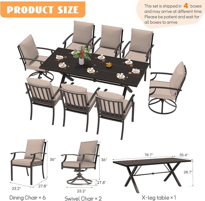 9-Piece Patio Dining Set Outdoor Conversation Set,Metal Outdoor Furniture Set with Umbrella Hole Cut-Out 78.7" x 35.4" Table and 8 Metal Chairs for Backyard,Garden,Sand