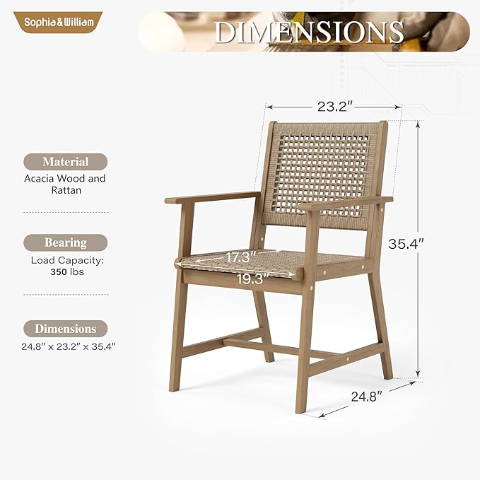 Sophia & William Patio Dining Chairs Outdoor 2 Pieces Hand Woven Wooden Rattan, Acacia Wood Outside Chair with Rattan Seat & Back for Porch Backyard Set of 2(Light Brown)