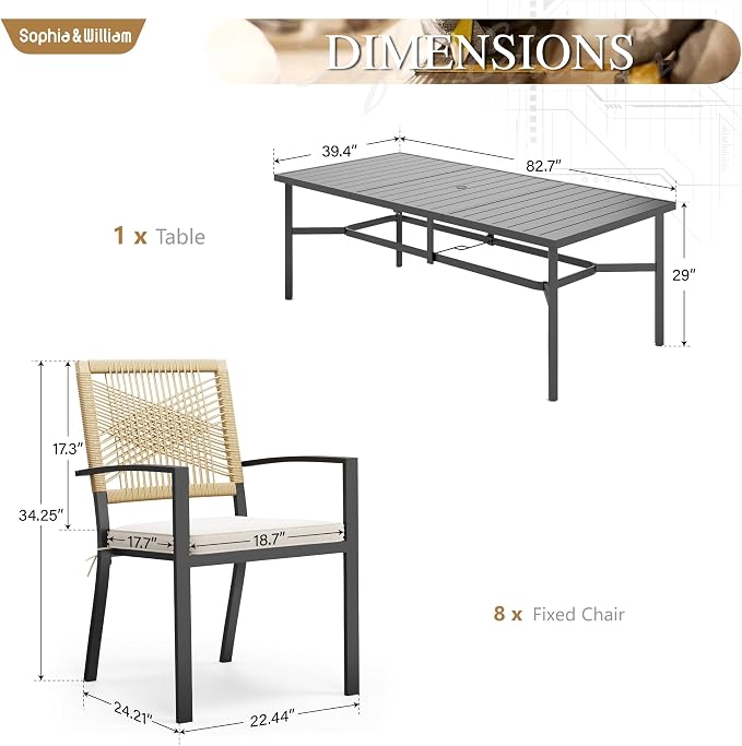 Sophia & William 9pc Patio Dining Set, 82" Rectangular Table, Wicker Chairs | Outdoor Dining Set for 8, 82" Rectangular Patio Dining Table Set with Patio Wicker Chairs for Garden, Porch, Deck