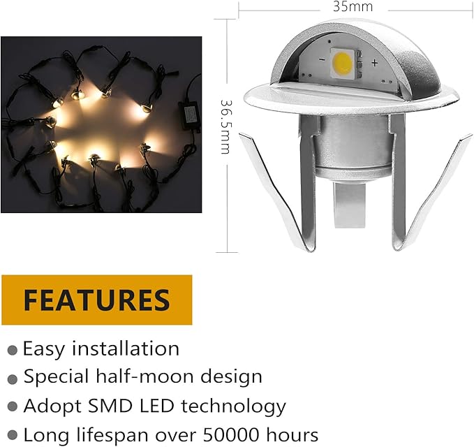 10 Pack LED Stair Lights Kit Low Voltage Waterproof IP65 Outdoor 1-2/5" Recessed Wood LED Deck Lighting Yard Garden Patio Step Landscape Pathway Decor Lamps, Warm White