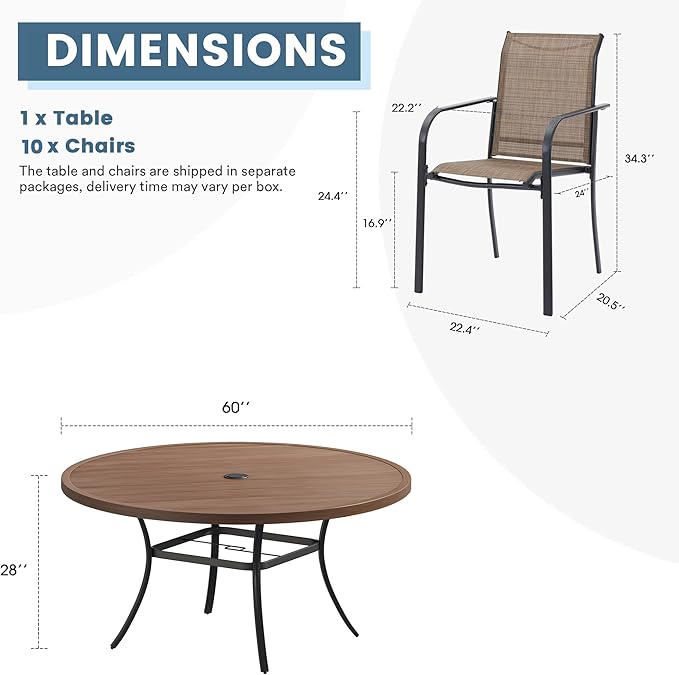 DIFY 11 Pieces Outdoor Patio Dining Set for 10, 60" Walnut Round Metal Dining Table and 10 Brown Stackable Sling Dining Chairs, Outdoor Table and Chairs for Lawn Garden Backyard Deck