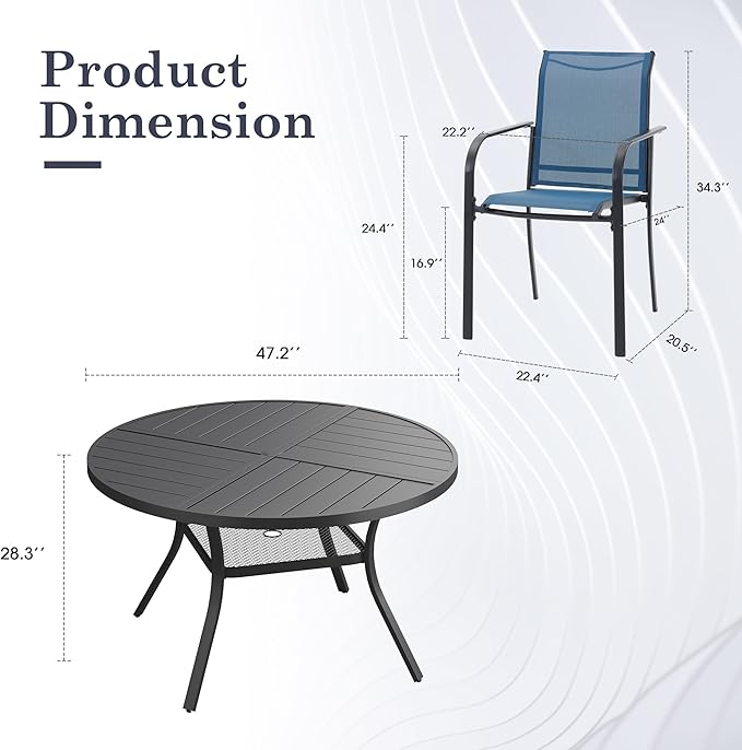 7 Pieces Outdoor Dining Set, Stackable Textilene Paito Chairs & 47.1" Round Dining Table with Umbrella Hole and Shelf, Patio Dining Set for Backyard, Deck, Garden, Dark Blue & Black